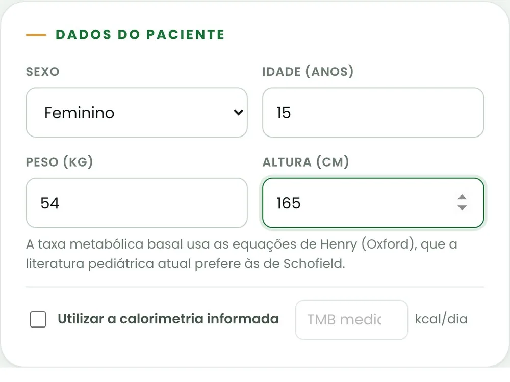 Campos de sexo, idade, peso e altura