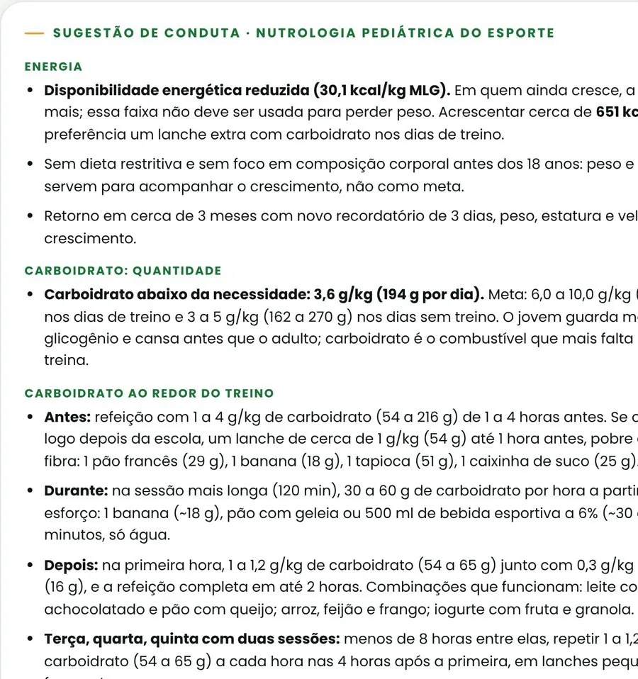 Sugestão de conduta em nutrologia pediátrica do esporte, gerada a partir dos dados