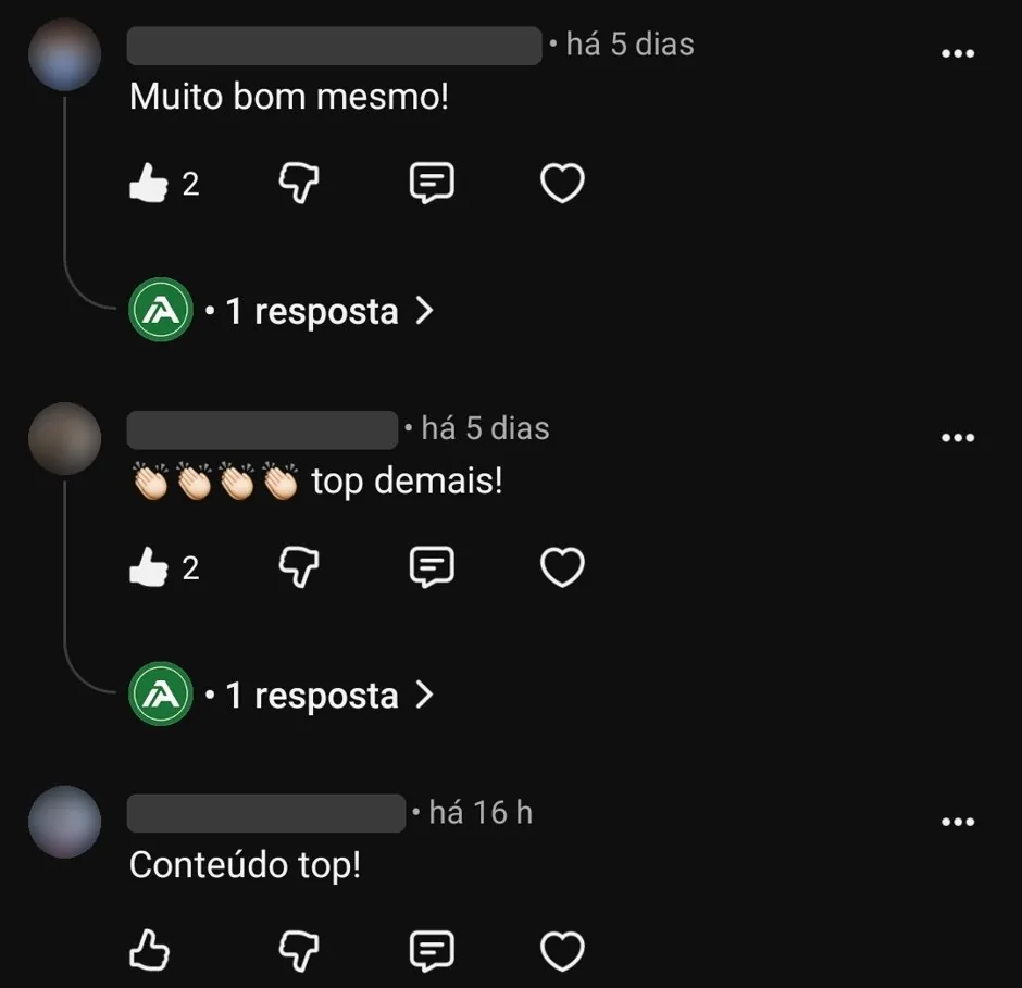 Comentários no vídeo da IMESP Academy no YouTube: Muito bom mesmo, top demais, Conteúdo top