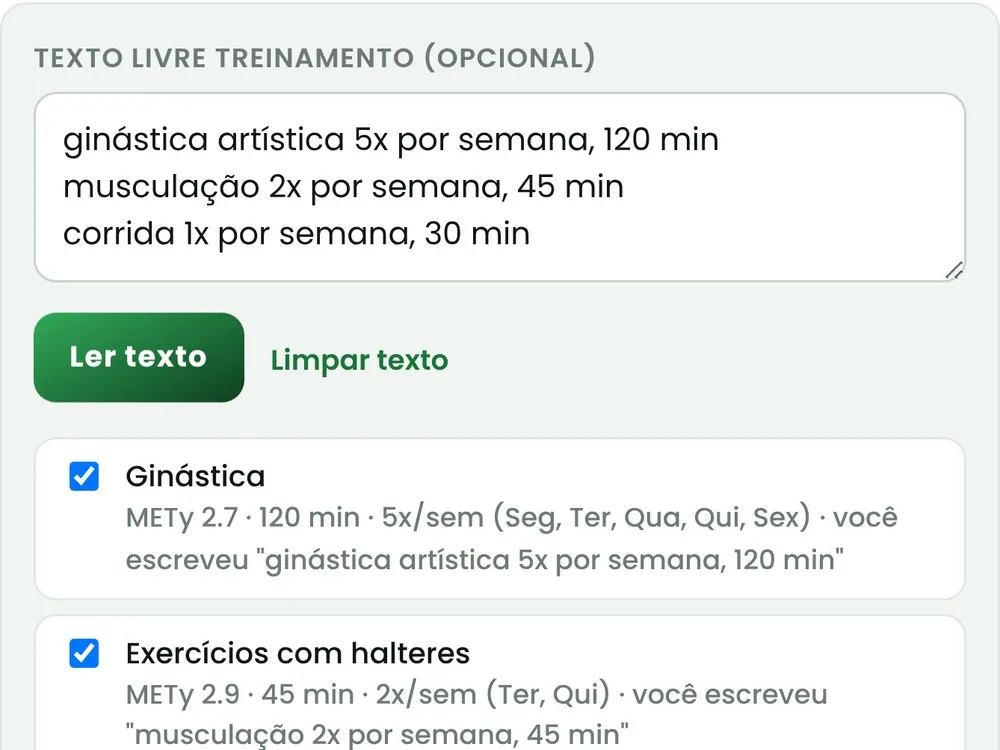 Campo de texto livre com os treinos e a prévia reconhecida