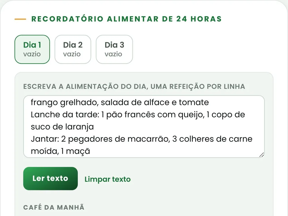 Campo de texto da alimentação do dia e os alimentos reconhecidos