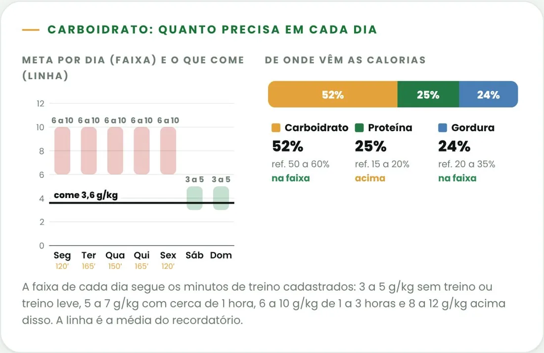 Gráfico de carboidrato: faixa de meta em g/kg para cada dia da semana e linha do que a paciente come, com a divisão das calorias em carboidrato, proteína e gordura